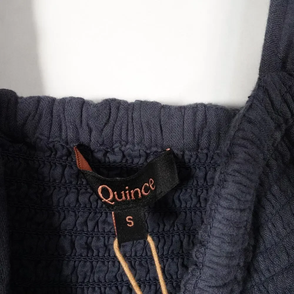 New Quince Small Indigo Blue Organic Cotton Gauze Smocked Square Neck Midi Dress